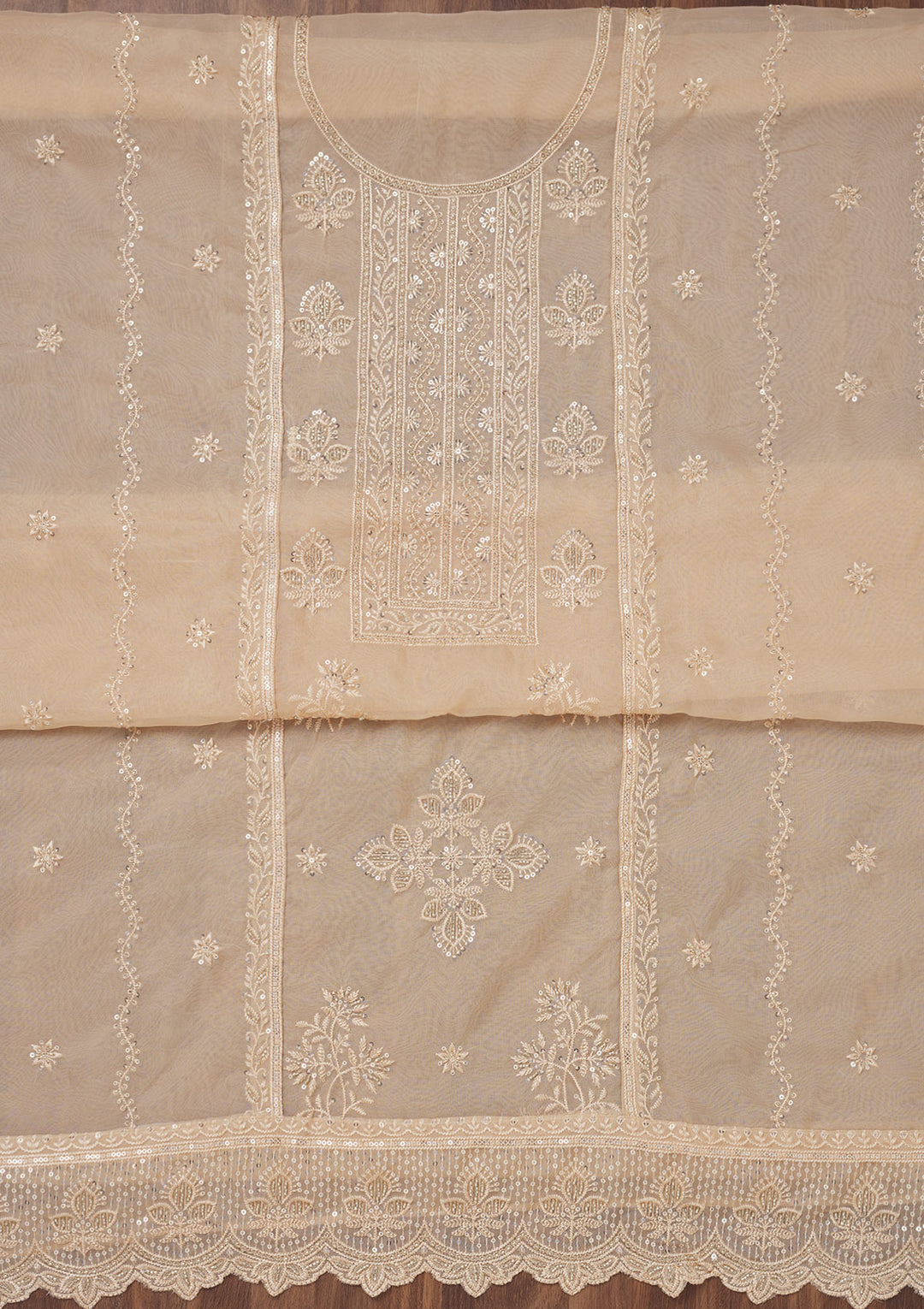 Beige Organza Threadwork Unstitched Dress Material With Matching Bottom And Dupatta