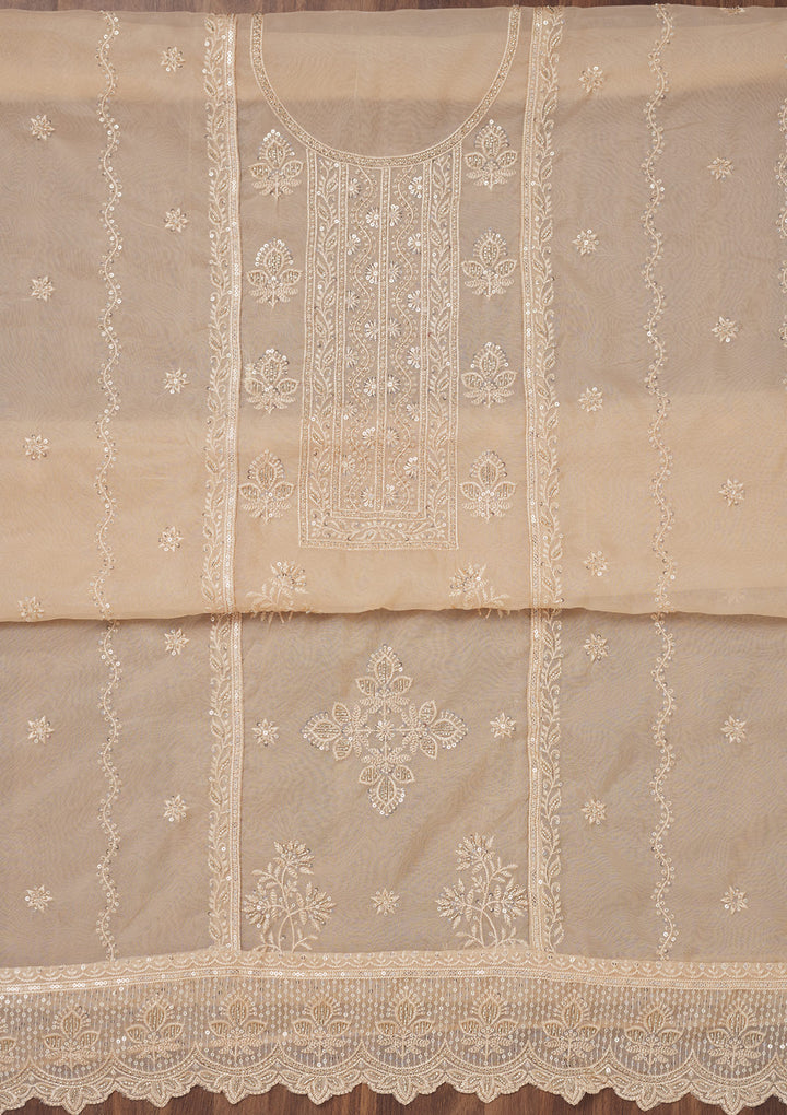 Beige Organza Threadwork Unstitched Dress Material With Matching Bottom And Dupatta
