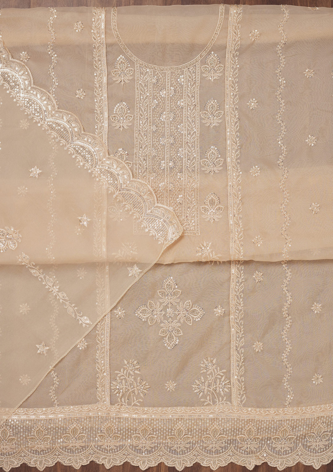 Beige Organza Threadwork Unstitched Dress Material With Matching Bottom And Dupatta