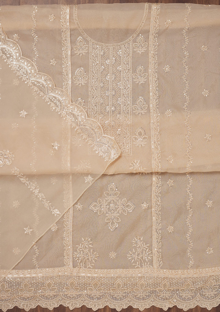 Beige Organza Threadwork Unstitched Dress Material With Matching Bottom And Dupatta