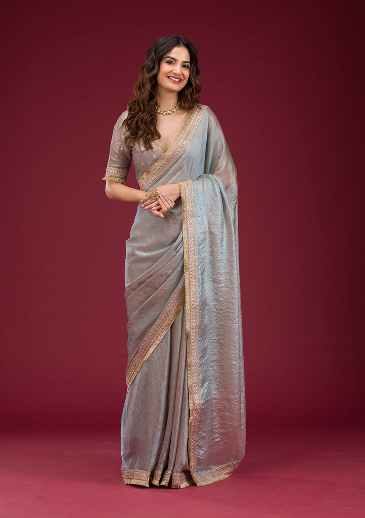 Beige Tissue Cording Saree With Matching Blouse Piece