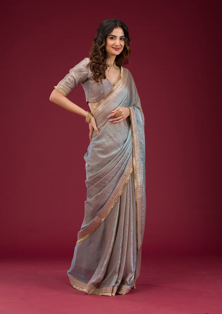 Beige Tissue Cording Saree With Matching Blouse Piece