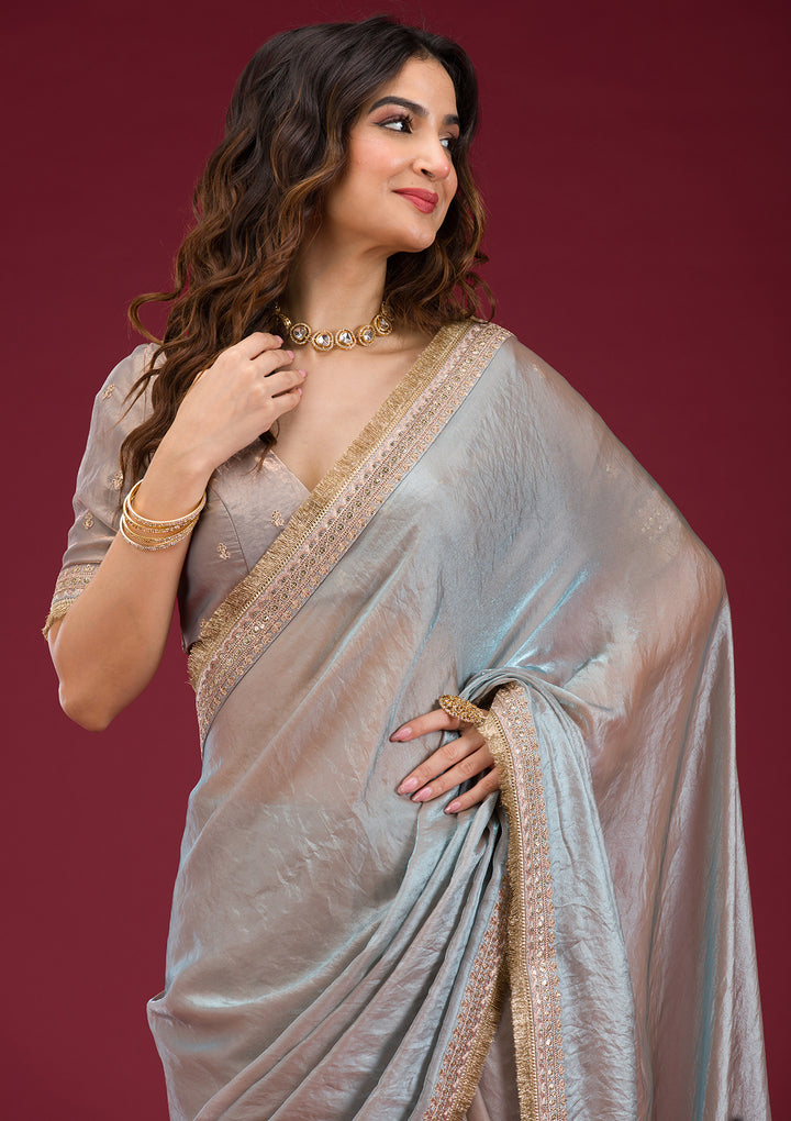Beige Tissue Cording Saree With Matching Blouse Piece