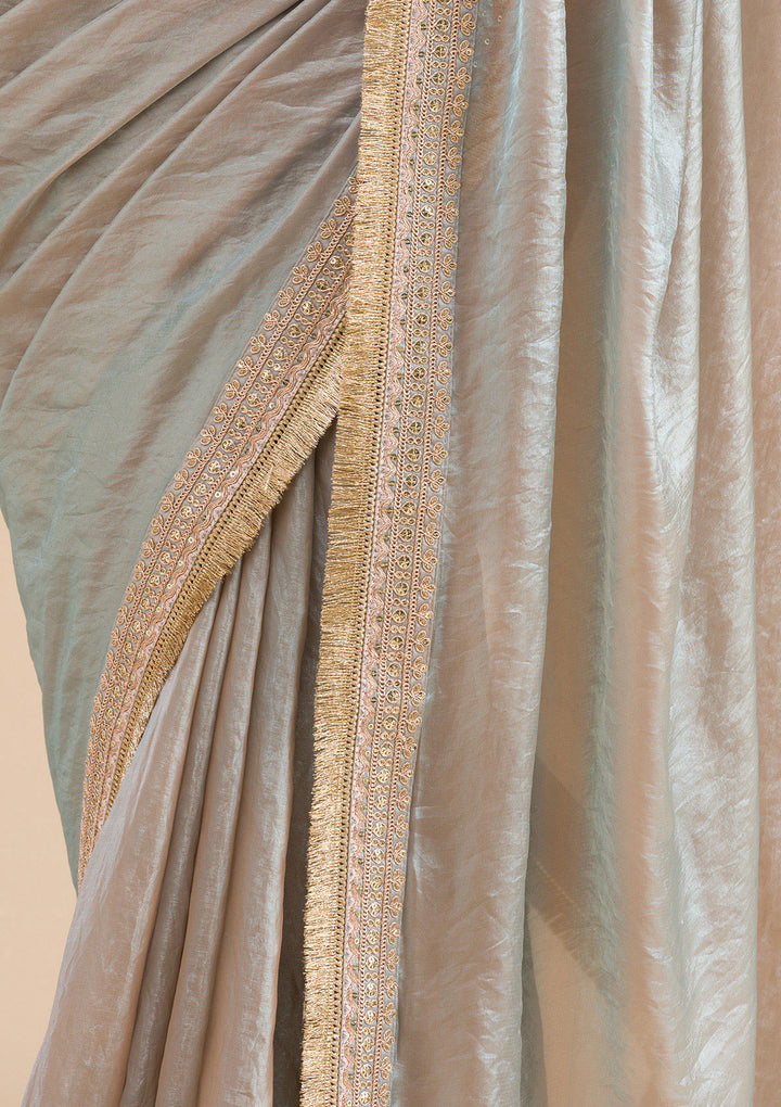 Beige Tissue Cording Saree With Matching Blouse Piece