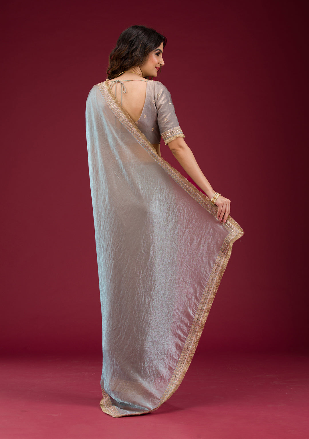 Beige Tissue Cording Saree With Matching Blouse Piece