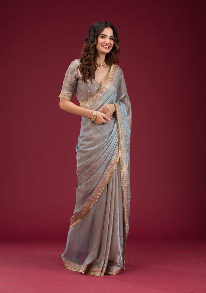 Beige Tissue Cording Saree With Matching Blouse Piece