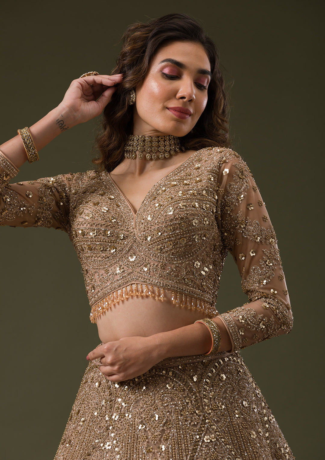 Beige Zariwork Net Readymade Lehenga