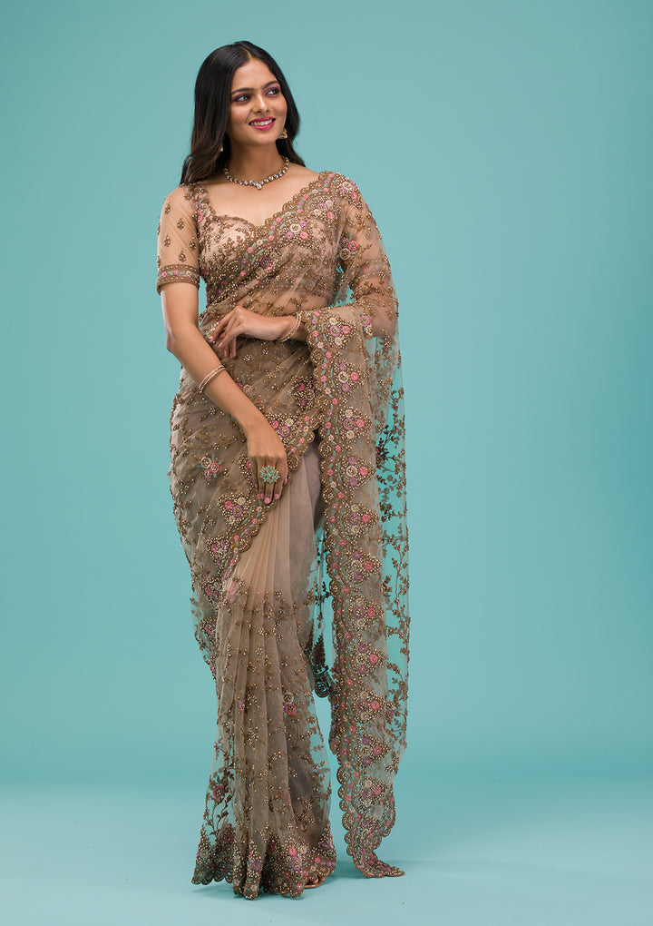 Beige Net Gold Zariwork Saree With Matching Blouse Piece