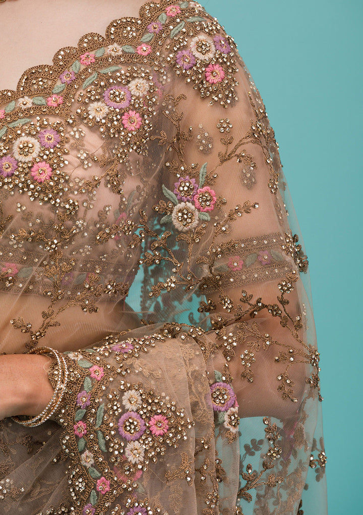 Beige Net Gold Zariwork Saree With Matching Blouse Piece