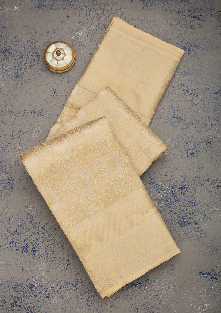 Beige Pure Silk Jaal Zariwork Saree With Matching Blouse Piece