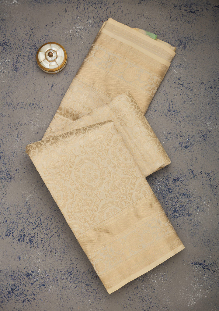 Beige Silk Jaal Gold Zariwork Saree With Matching Blouse Piece