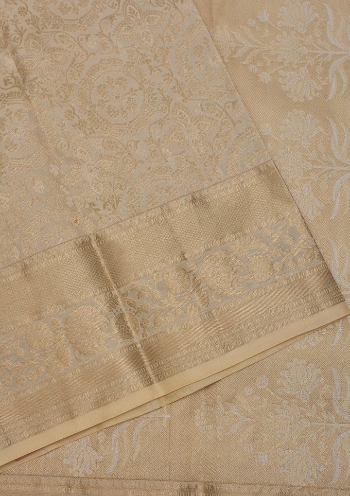 Beige Silk Jaal Gold Zariwork Saree With Matching Blouse Piece