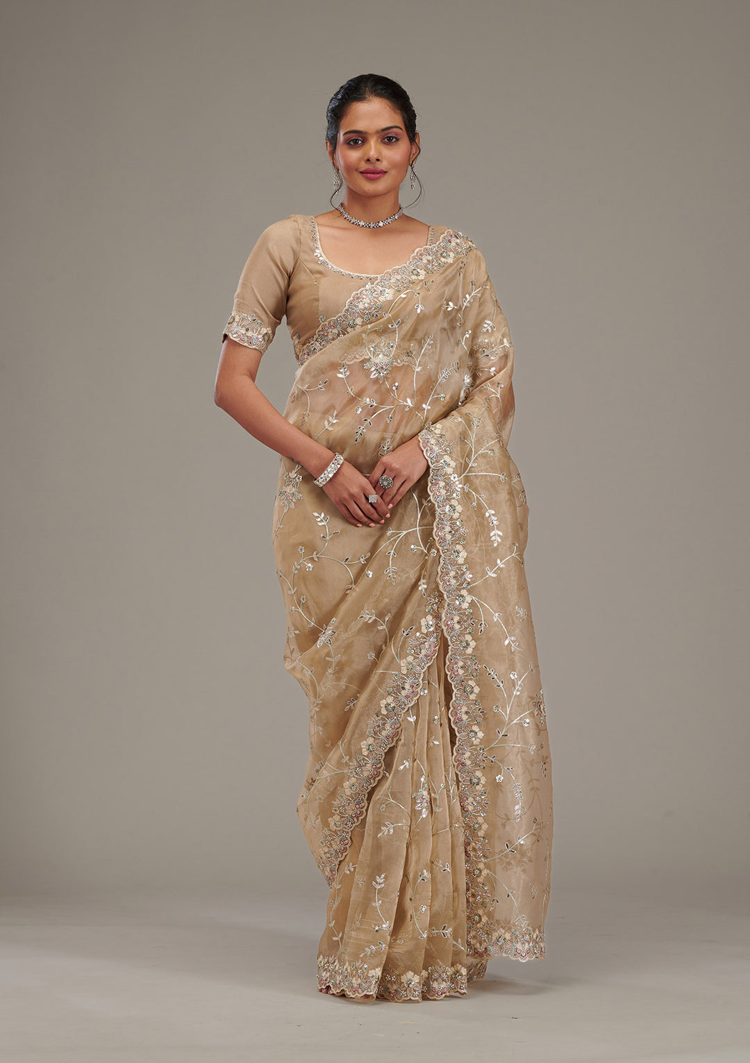 Beige Organza Silver Zariwork Saree With Matching Blouse Piece