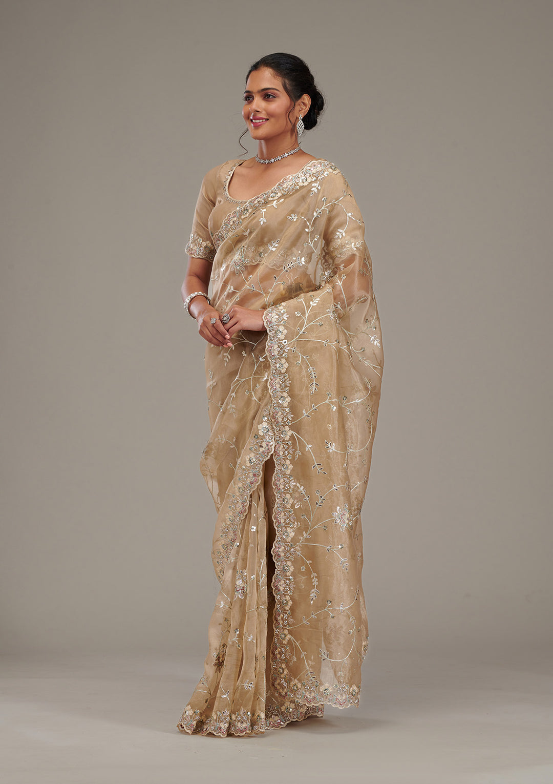 Beige Organza Silver Zariwork Saree With Matching Blouse Piece