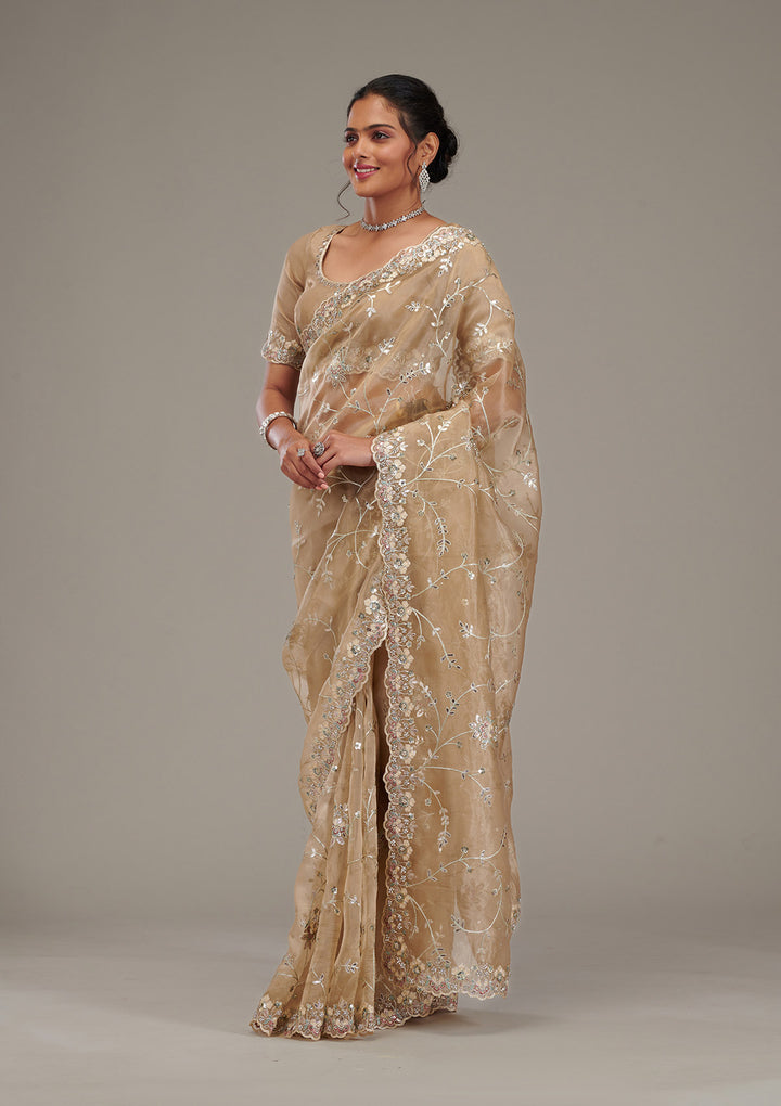 Beige Organza Silver Zariwork Saree With Matching Blouse Piece