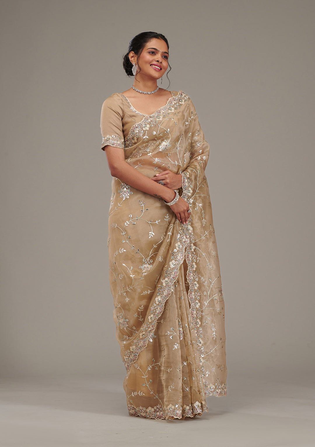 Beige Organza Silver Zariwork Saree With Matching Blouse Piece