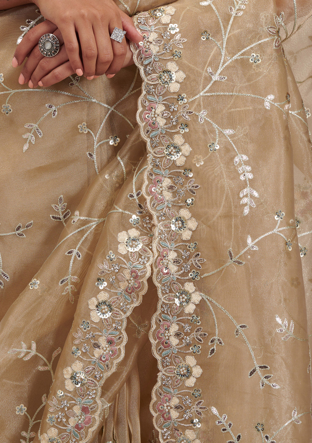 Beige Organza Silver Zariwork Saree With Matching Blouse Piece