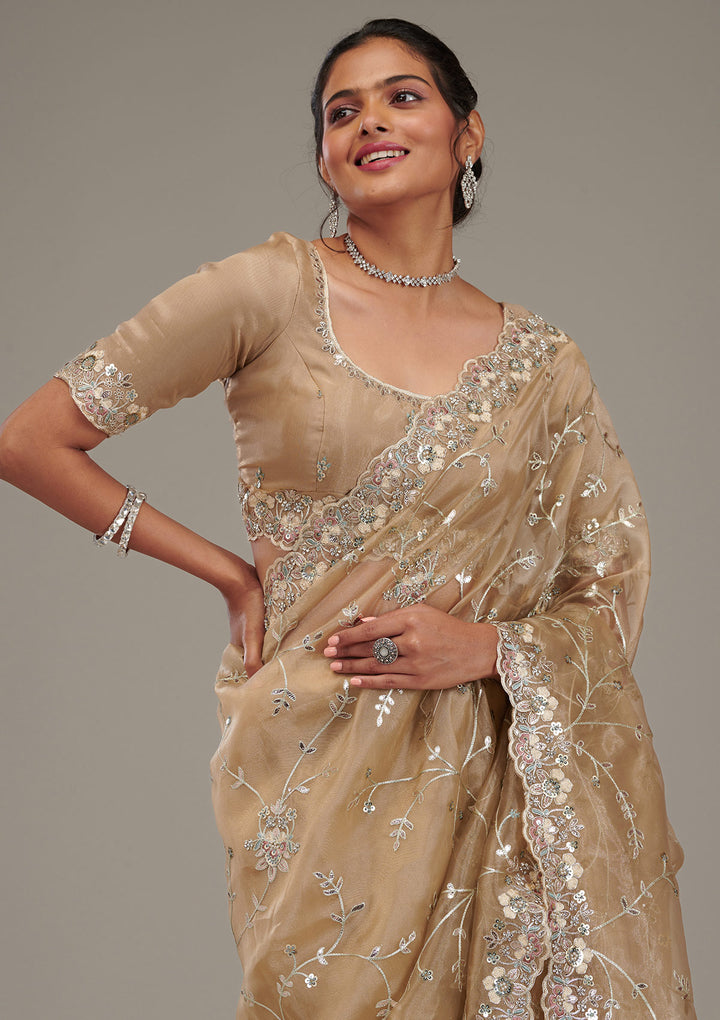 Beige Organza Silver Zariwork Saree With Matching Blouse Piece