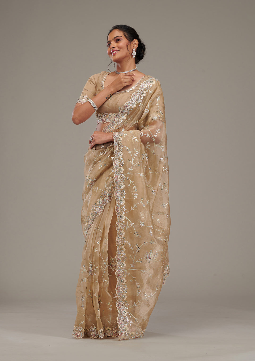 Beige Organza Silver Zariwork Saree With Matching Blouse Piece