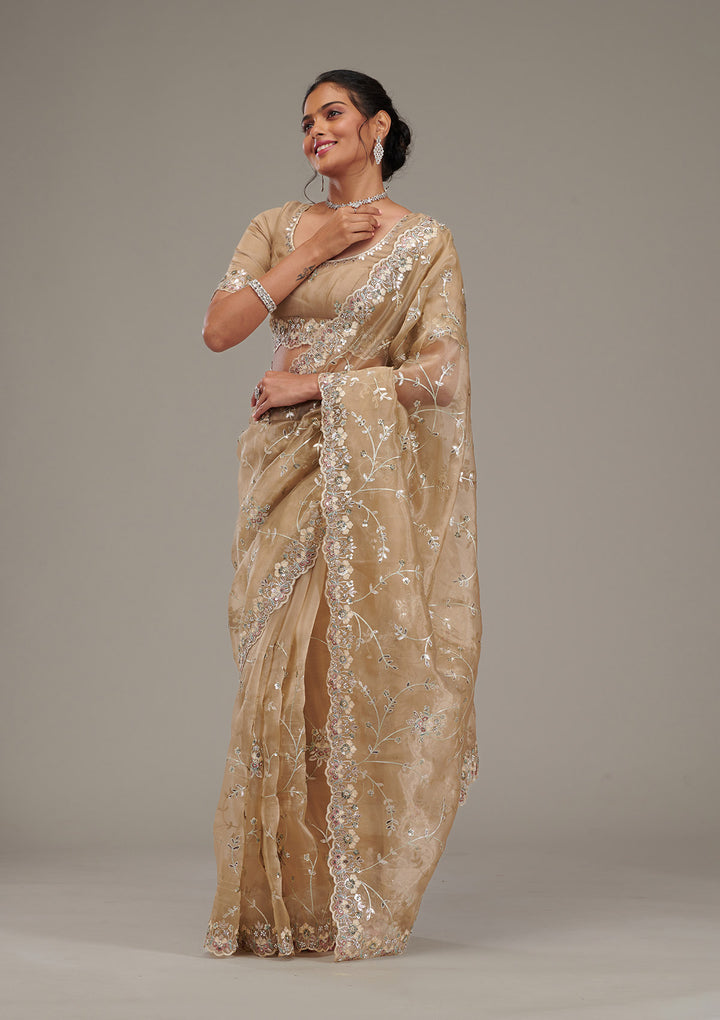 Beige Organza Silver Zariwork Saree With Matching Blouse Piece