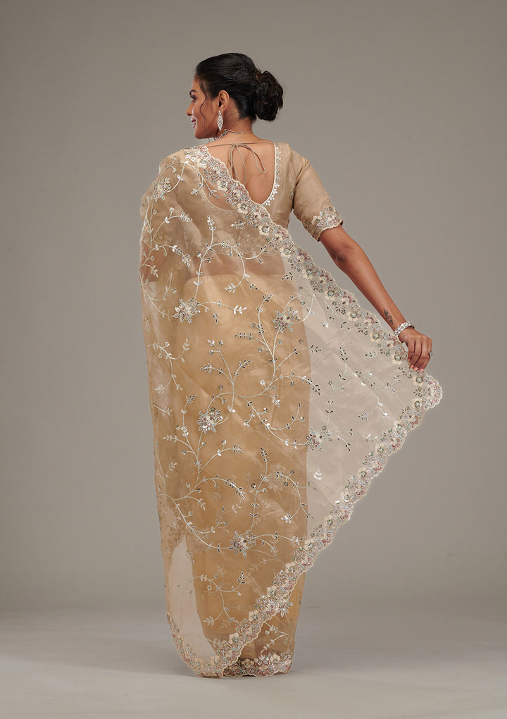 Beige Organza Silver Zariwork Saree With Matching Blouse Piece