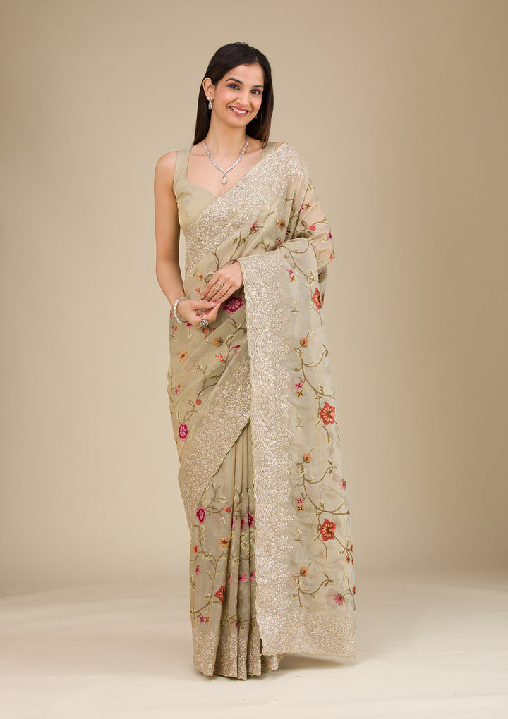 Beige Organza Threadwork Saree With Matching Blouse Piece