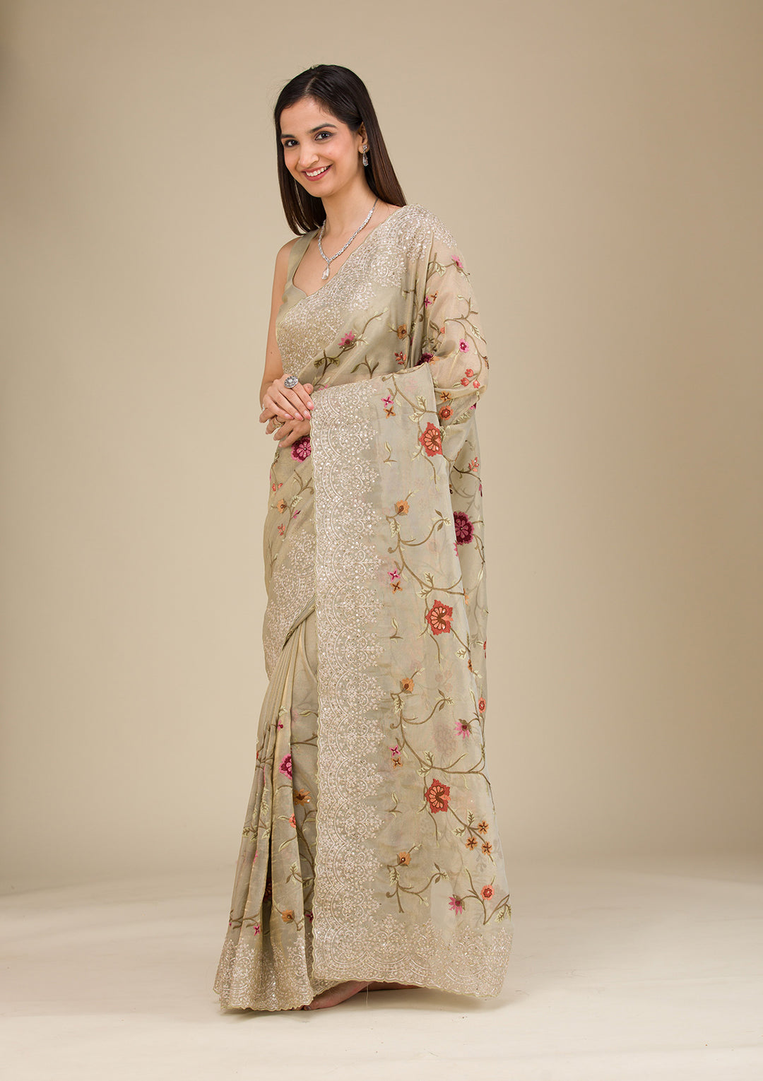 Beige Organza Threadwork Saree With Matching Blouse Piece