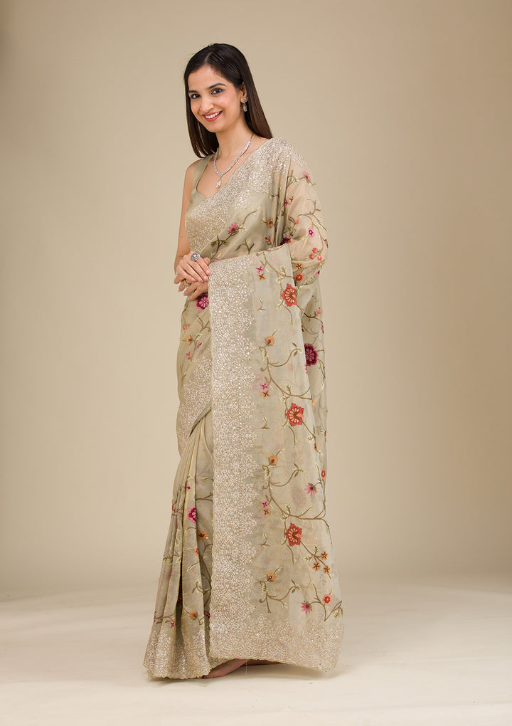 Beige Organza Threadwork Saree With Matching Blouse Piece