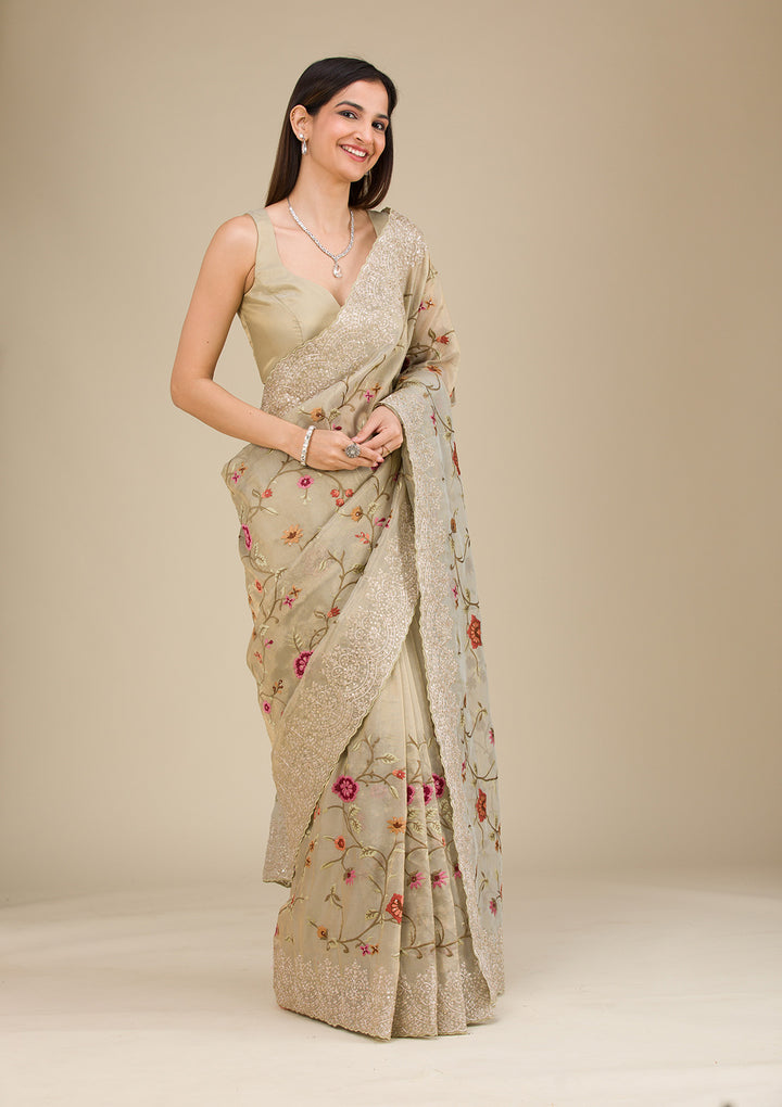 Beige Organza Threadwork Saree With Matching Blouse Piece
