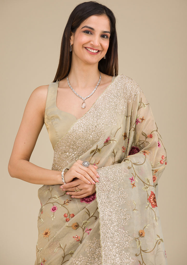 Beige Organza Threadwork Saree With Matching Blouse Piece