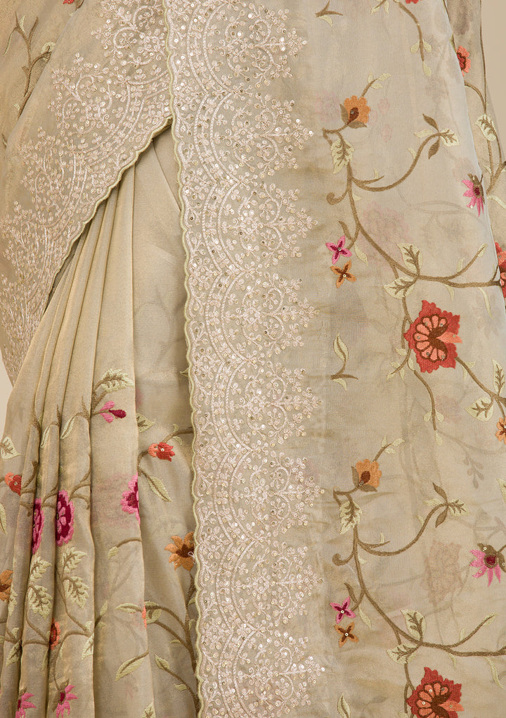 Beige Organza Threadwork Saree With Matching Blouse Piece