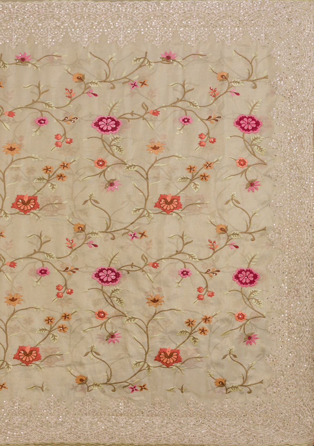 Beige Organza Threadwork Saree With Matching Blouse Piece