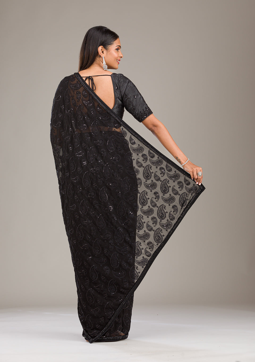 Black Tissue Cutdana Saree With Matching Blouse Piece