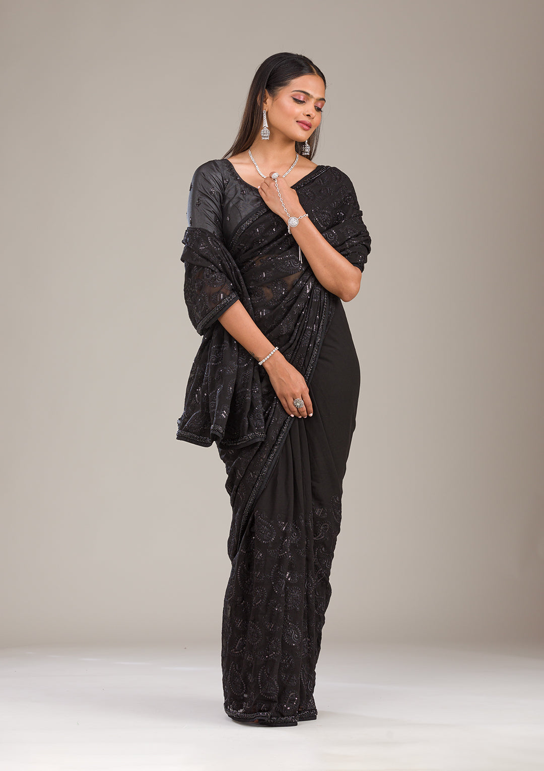 Black Tissue Cutdana Saree With Matching Blouse Piece