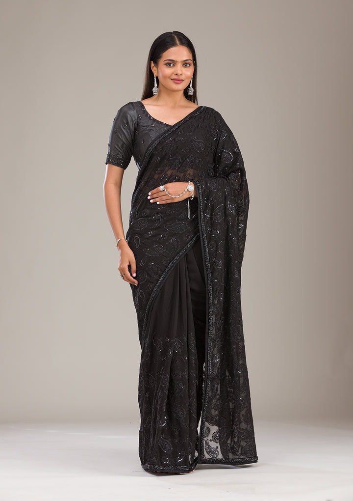 Black Tissue Cutdana Saree With Matching Blouse Piece