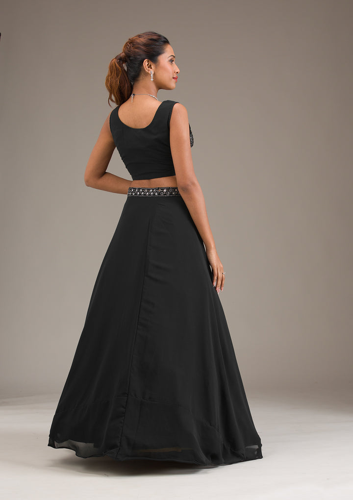 Koskii Black Georgette Lehenga with Mirrorwork - Evening Elegance