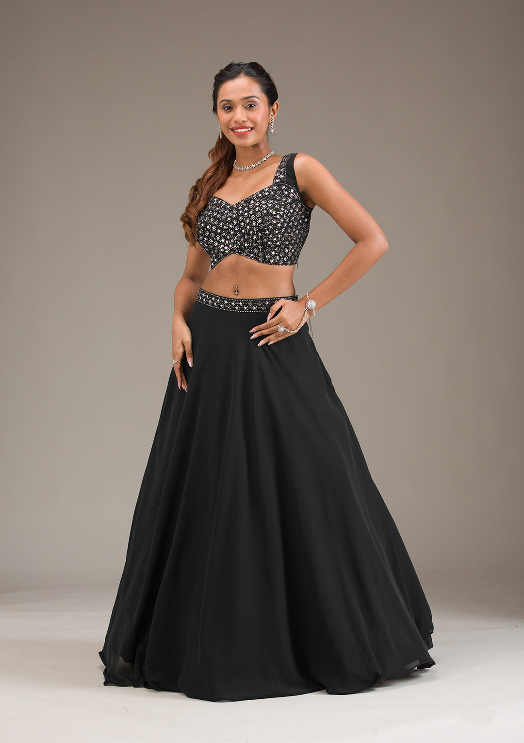 Koskii Black Georgette Lehenga with Mirrorwork - Evening Elegance