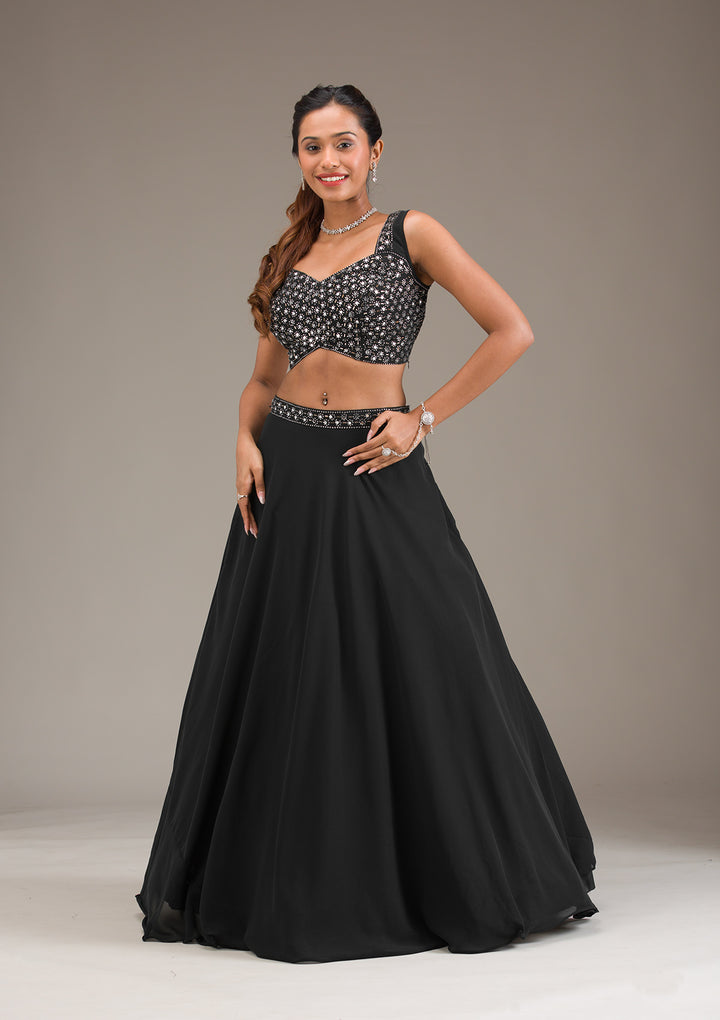 Koskii Black Georgette Lehenga with Mirrorwork - Evening Elegance