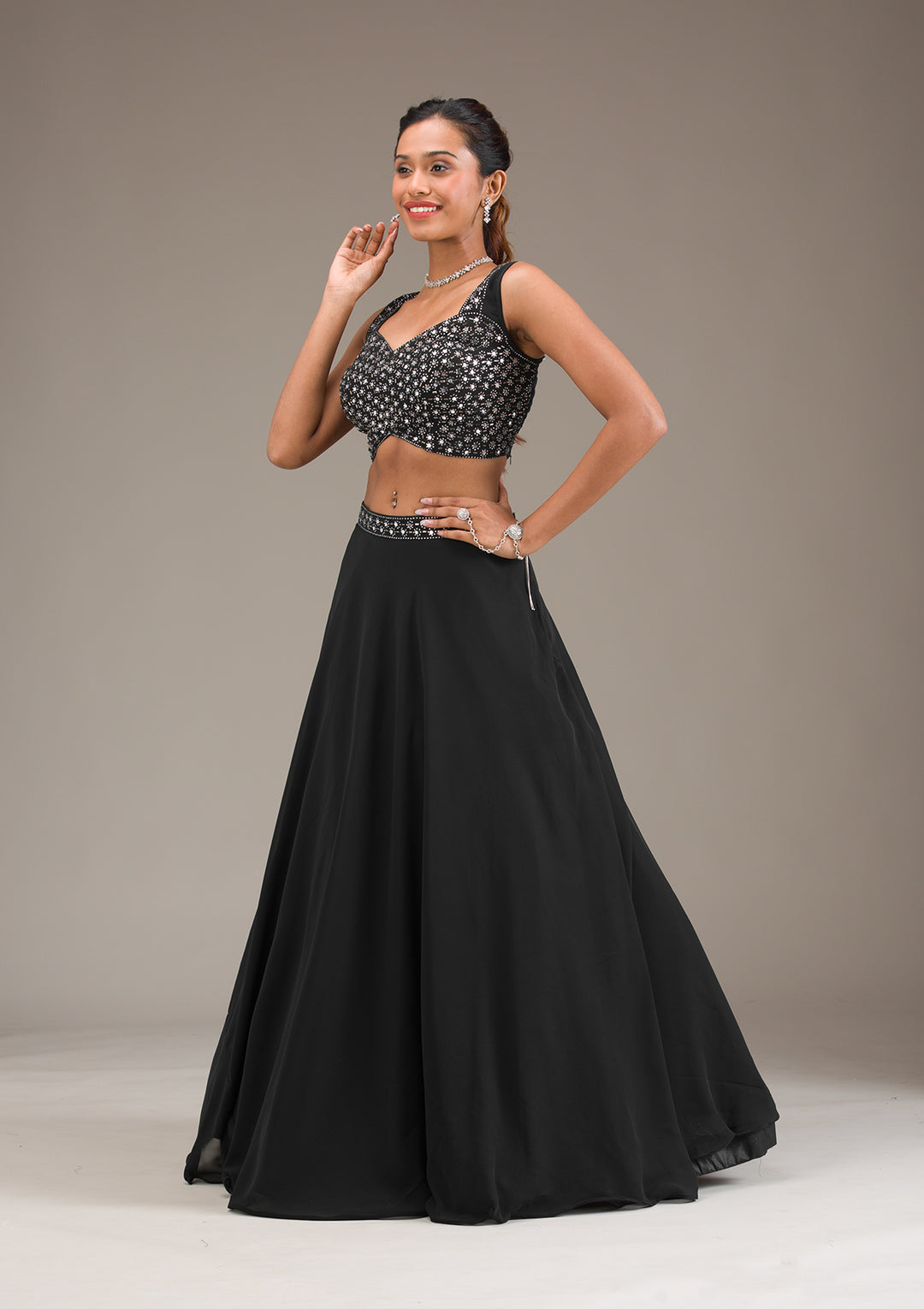 Koskii Black Georgette Lehenga with Mirrorwork - Evening Elegance