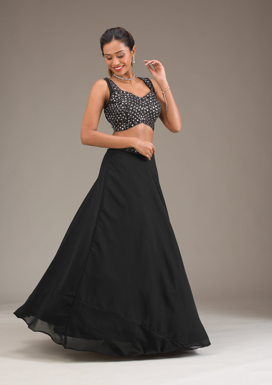 Koskii Black Georgette Lehenga with Mirrorwork - Evening Elegance
