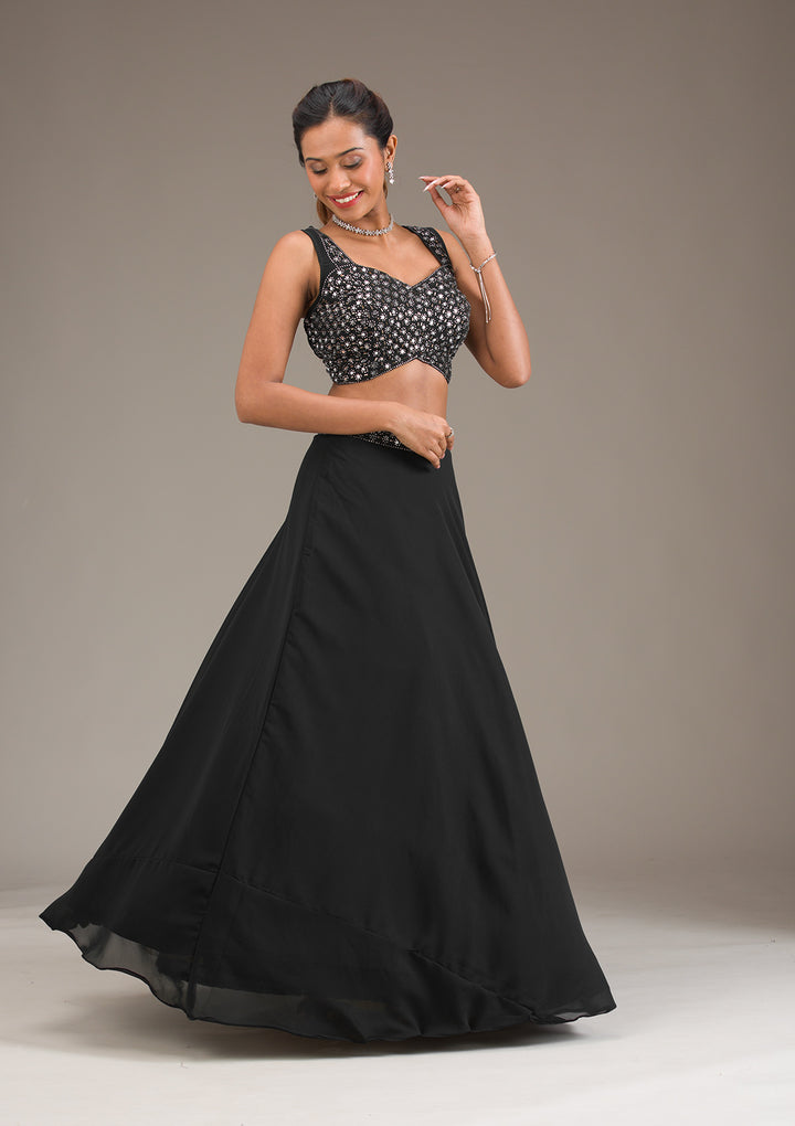 Koskii Black Georgette Lehenga with Mirrorwork - Evening Elegance