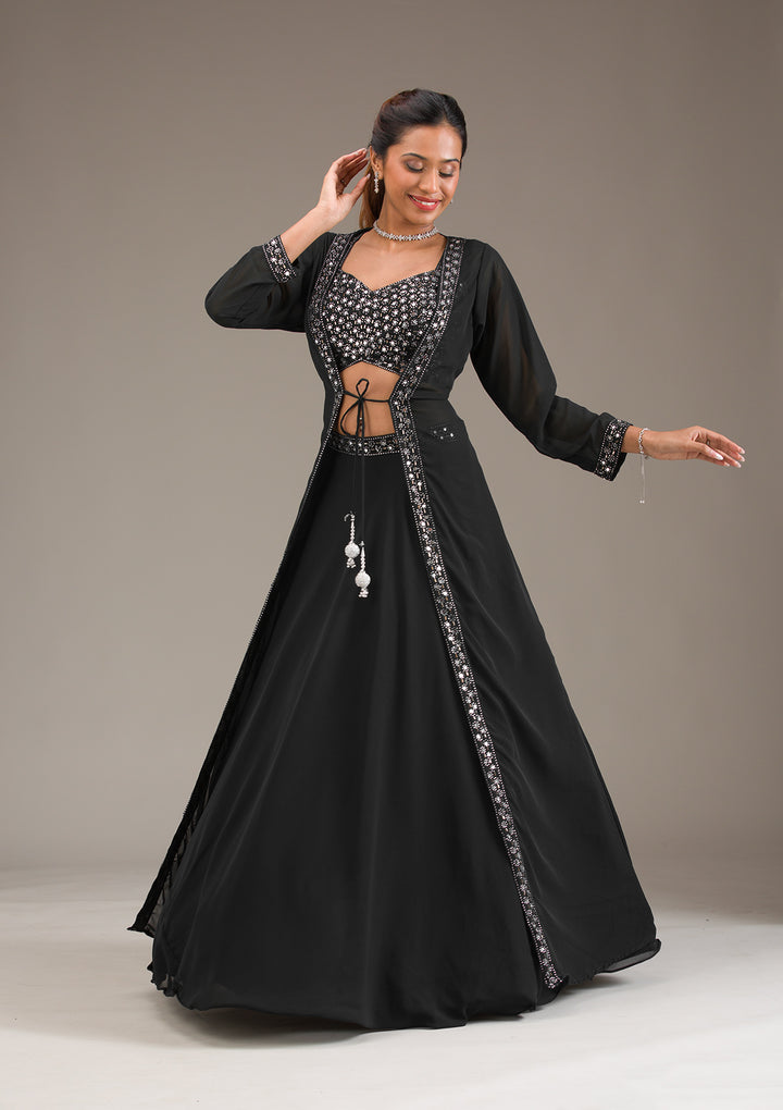 Koskii Black Georgette Lehenga with Mirrorwork - Evening Elegance