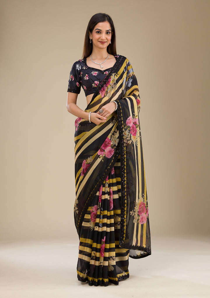 Yellow Georgette Abstract Geometric Sequins Saree With Matching Blouse Piece