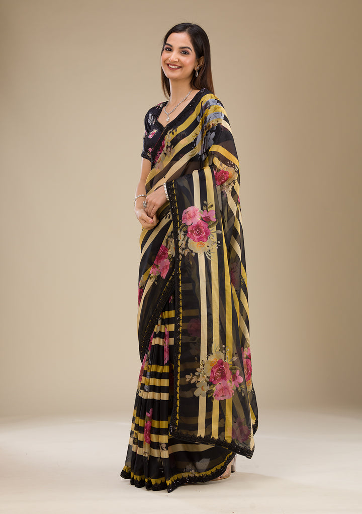Yellow Georgette Abstract Geometric Sequins Saree With Matching Blouse Piece