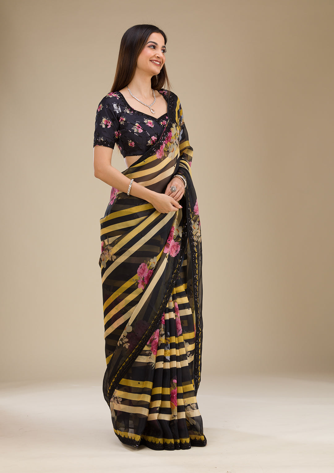Yellow Georgette Abstract Geometric Sequins Saree With Matching Blouse Piece