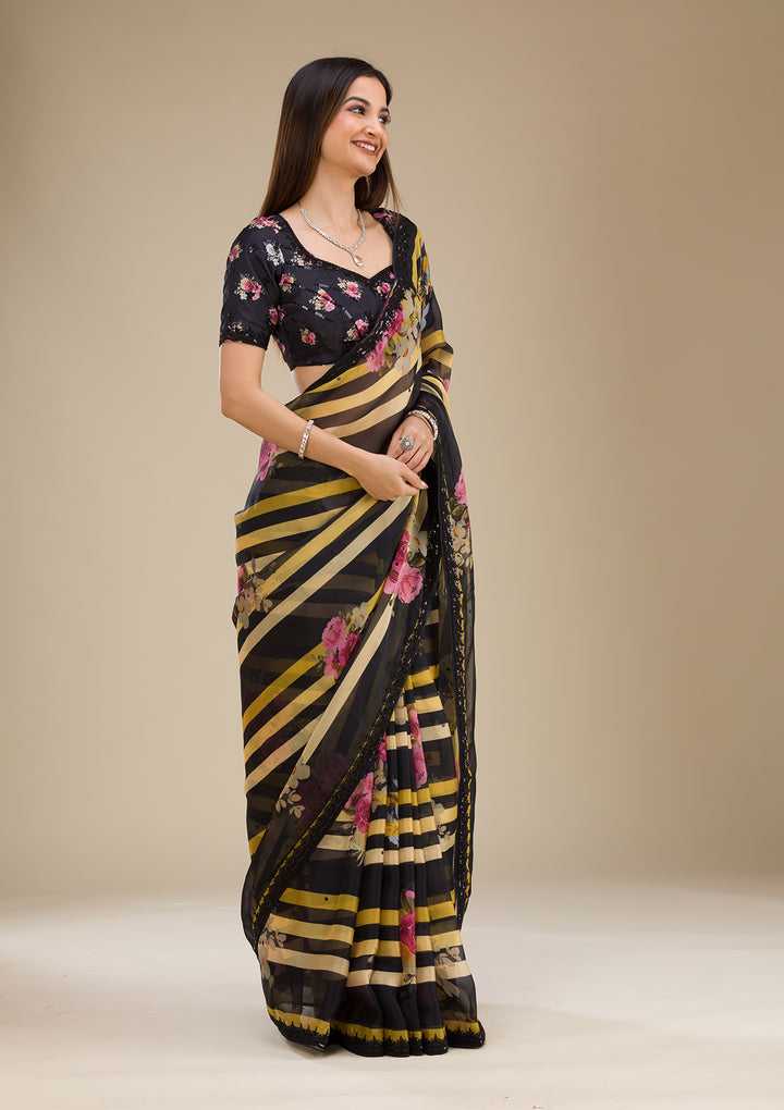 Yellow Georgette Abstract Geometric Sequins Saree With Matching Blouse Piece