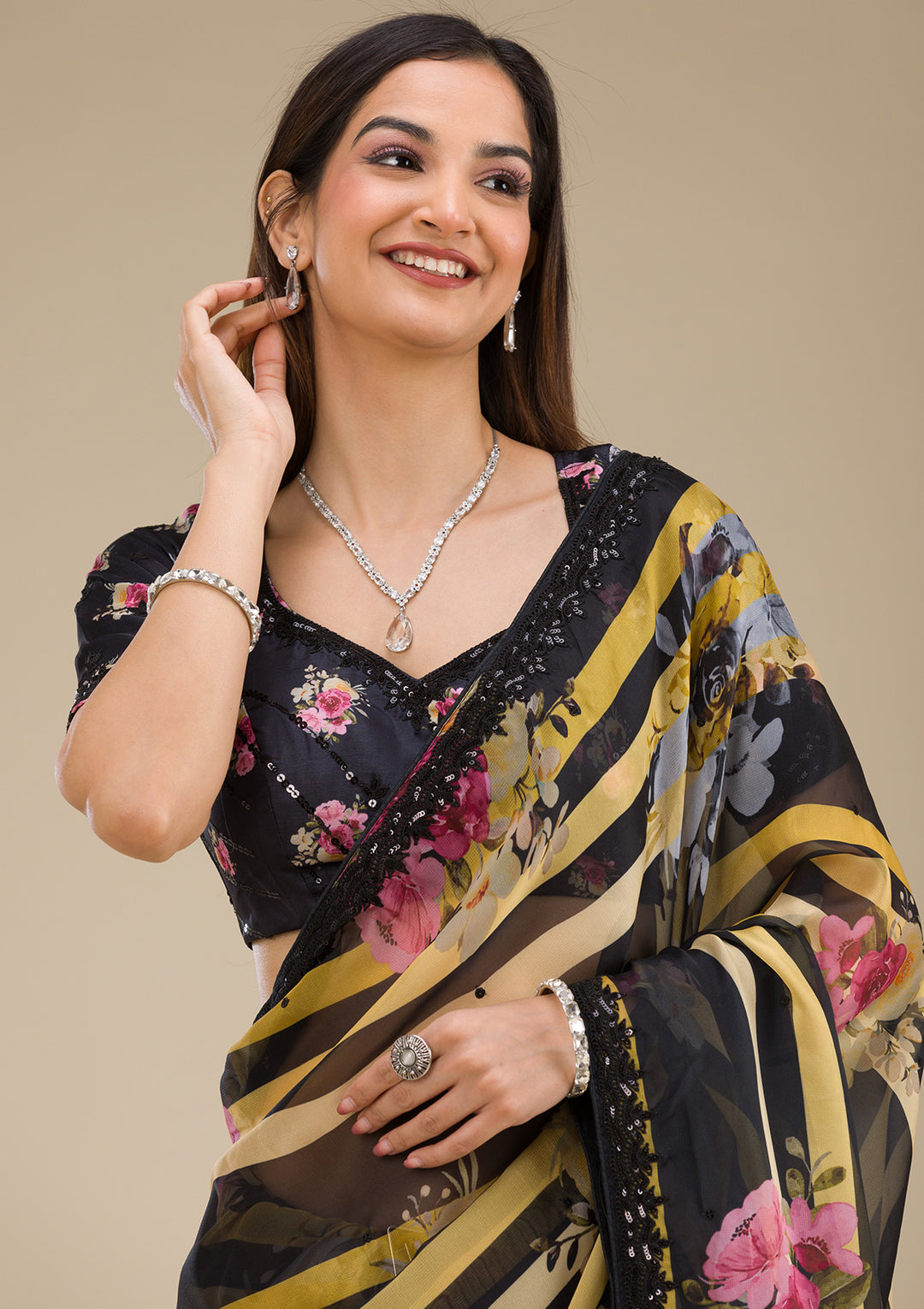 Yellow Georgette Abstract Geometric Sequins Saree With Matching Blouse Piece