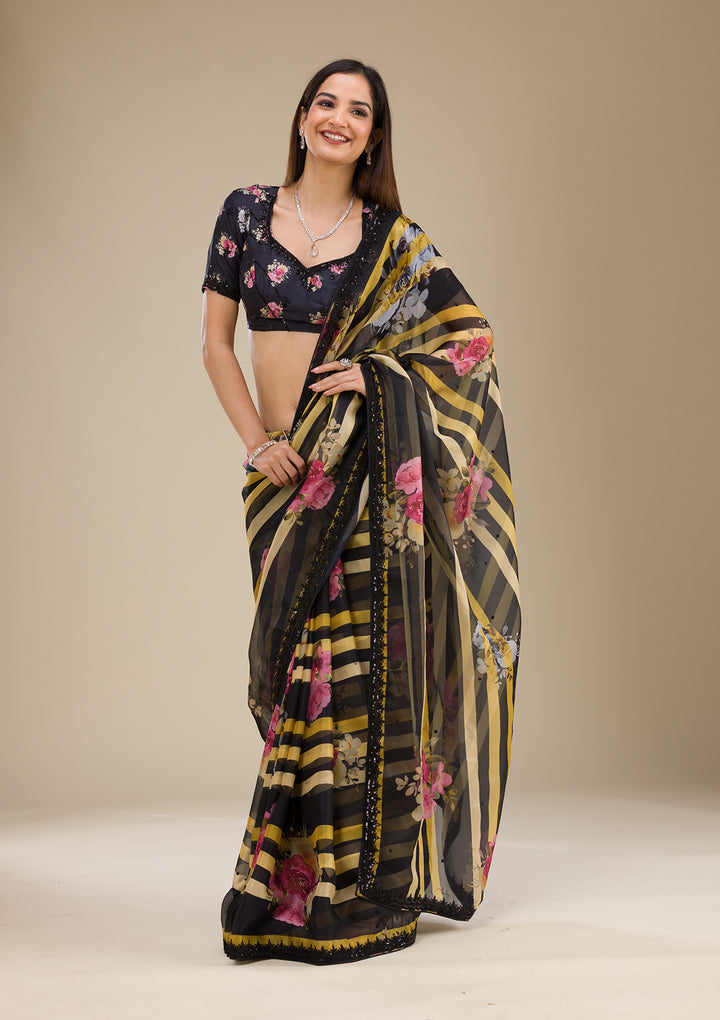 Yellow Georgette Abstract Geometric Sequins Saree With Matching Blouse Piece
