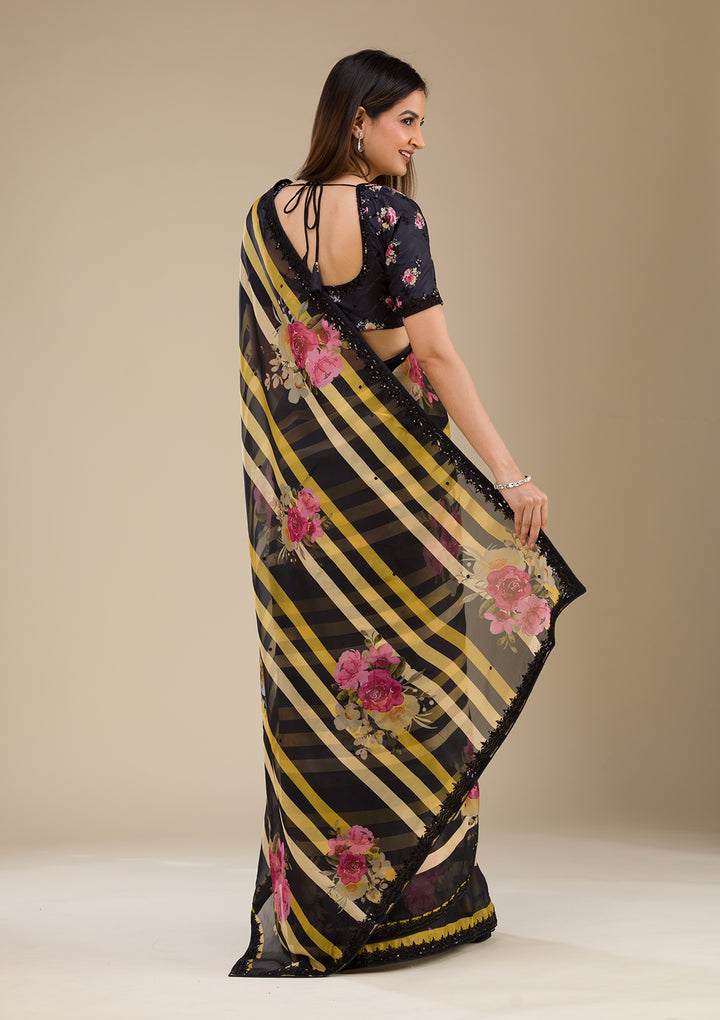 Yellow Georgette Abstract Geometric Sequins Saree With Matching Blouse Piece