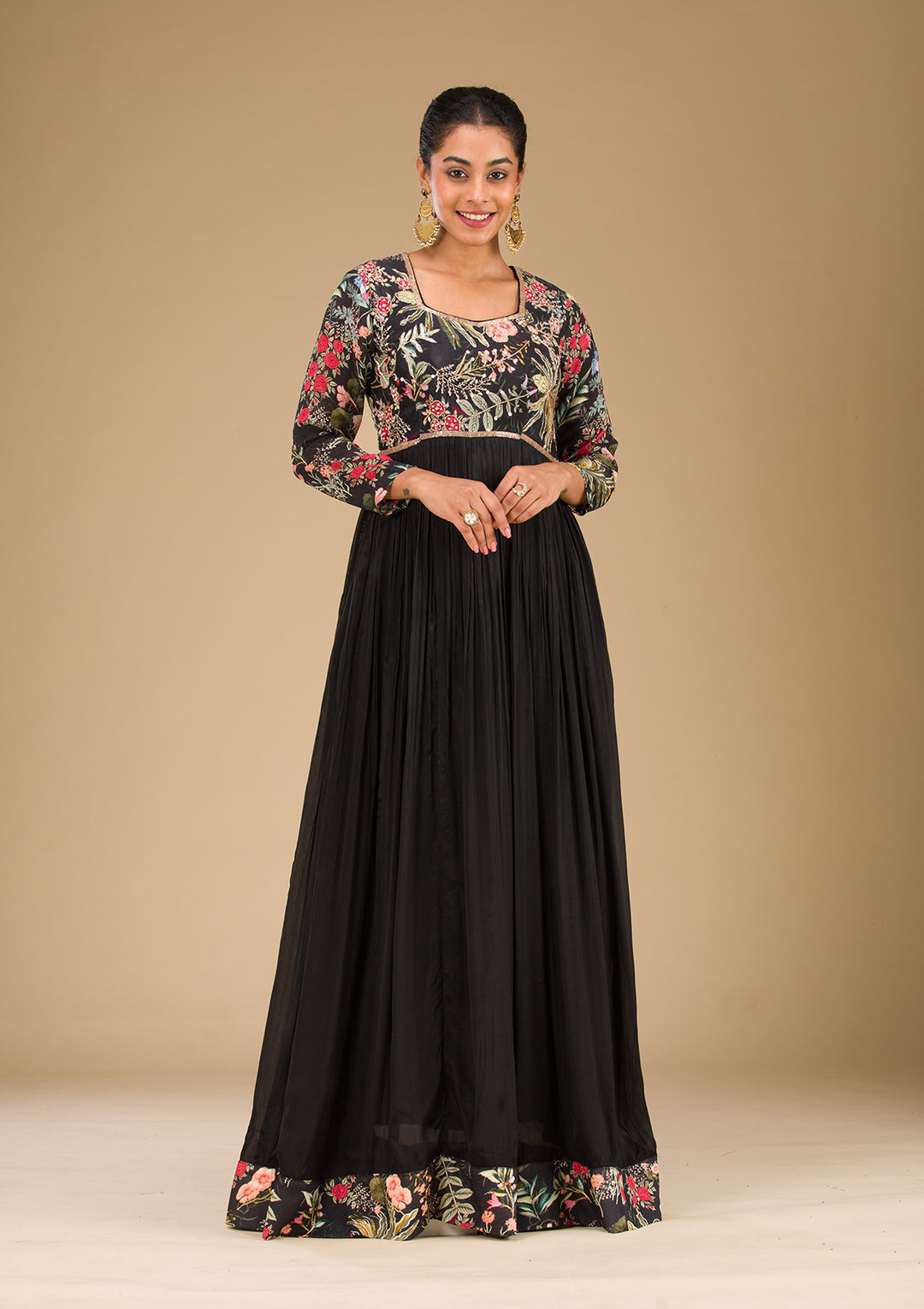 Black Crepe Floral Threadwork Anarkali Kurta With Regular Pant And Dupatta